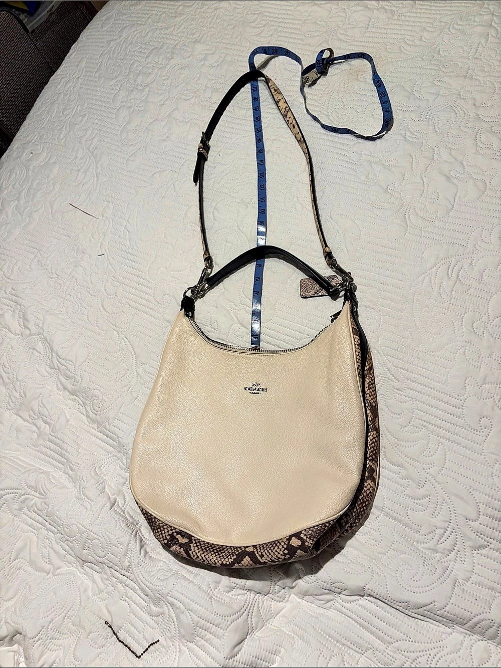 Coach Charlie Python Embossed Leather Hobo Shoulder Bag Cream & Brown